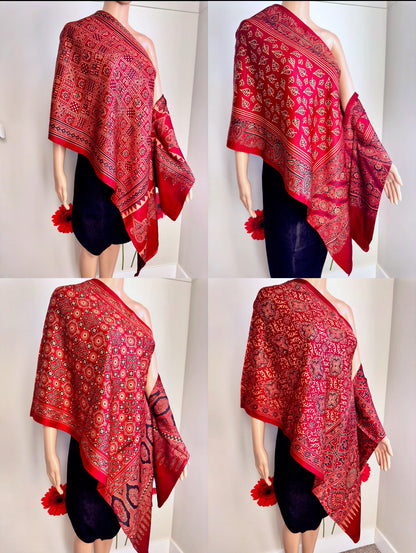 Ethnic Charm: Boho Ajrakh Mashru Silk Scarf (Red multi dye - 7 designs)