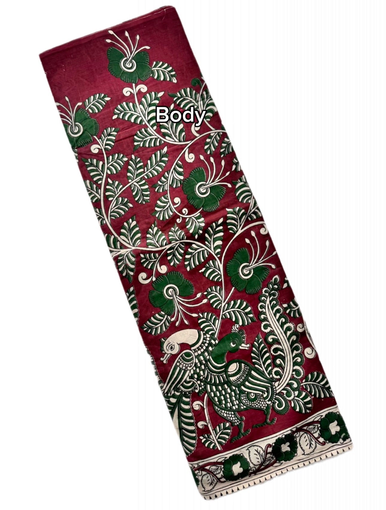 Kalamkari (screenprint) mulmul saree (peacock & vines)