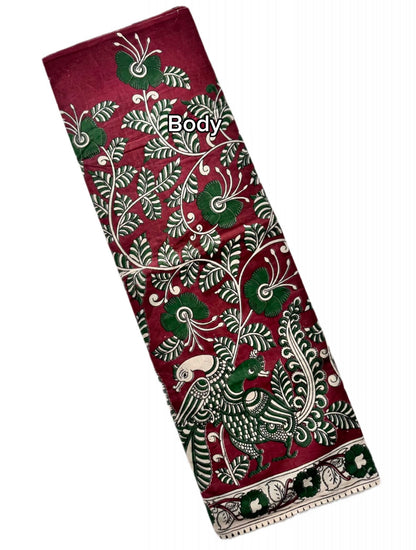 Kalamkari (screenprint) mulmul saree (peacock & vines)