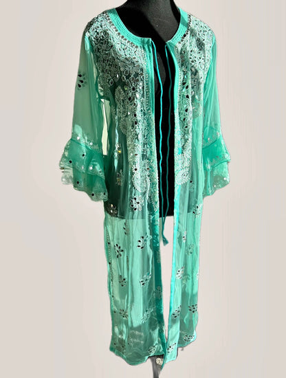 The Modern Choga: Hand-Embroidered Chikankari & Shisha (Mirror) Work Faux Georgette Long Jacket