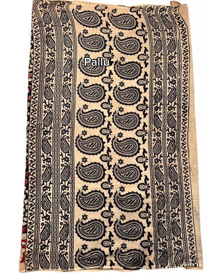 Kalamkari (screenprint) mulmul saree (Florals & vines)
