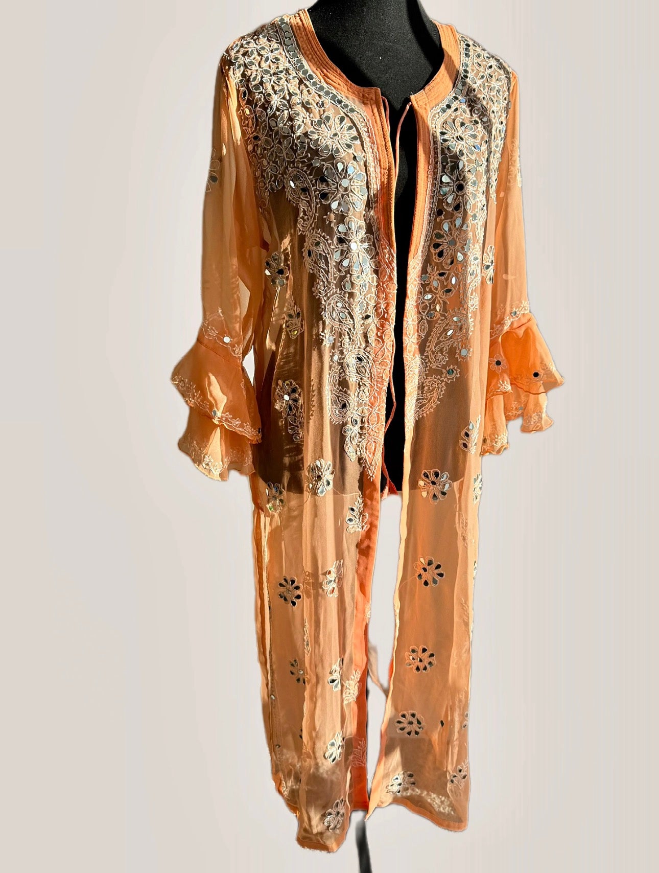 The Modern Choga: Hand-Embroidered Chikankari & Shisha (Mirror) Work Faux Georgette Long Jacket