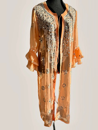 The Modern Choga: Hand-Embroidered Chikankari & Shisha (Mirror) Work Faux Georgette Long Jacket