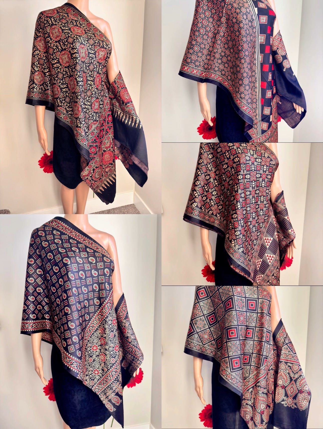 Ethnic Charm: Boho Ajrakh Mashru Silk Stole (Black multi dye - 5 designs)