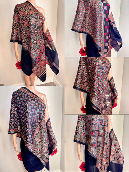 Ethnic Charm: Boho Ajrakh Mashru Silk Stole (Black multi dye - 5 designs)