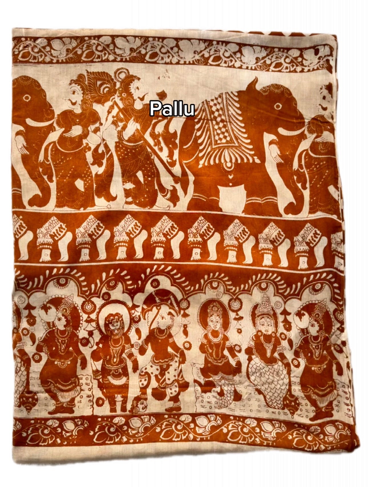 Kalamkari (screenprint) mulmul saree (Mahabharat scenes)