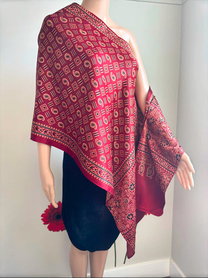 Ethnic Charm: Boho Ajrakh Mashru Silk Scarf (Red multi dye - 7 designs)