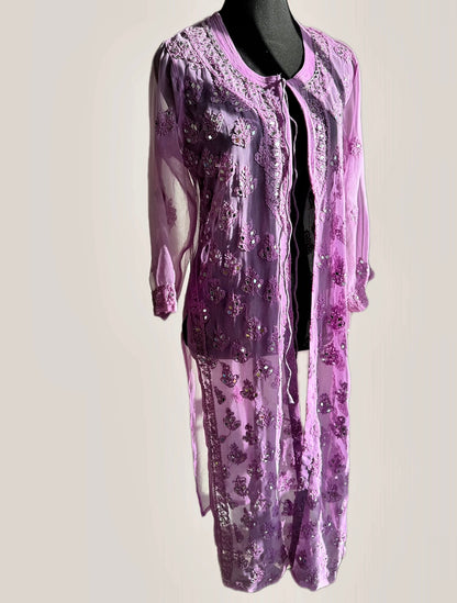 The Modern Choga: Hand-Embroidered Chikankari & Shisha (Mirror) Work Faux Georgette Long Jacket