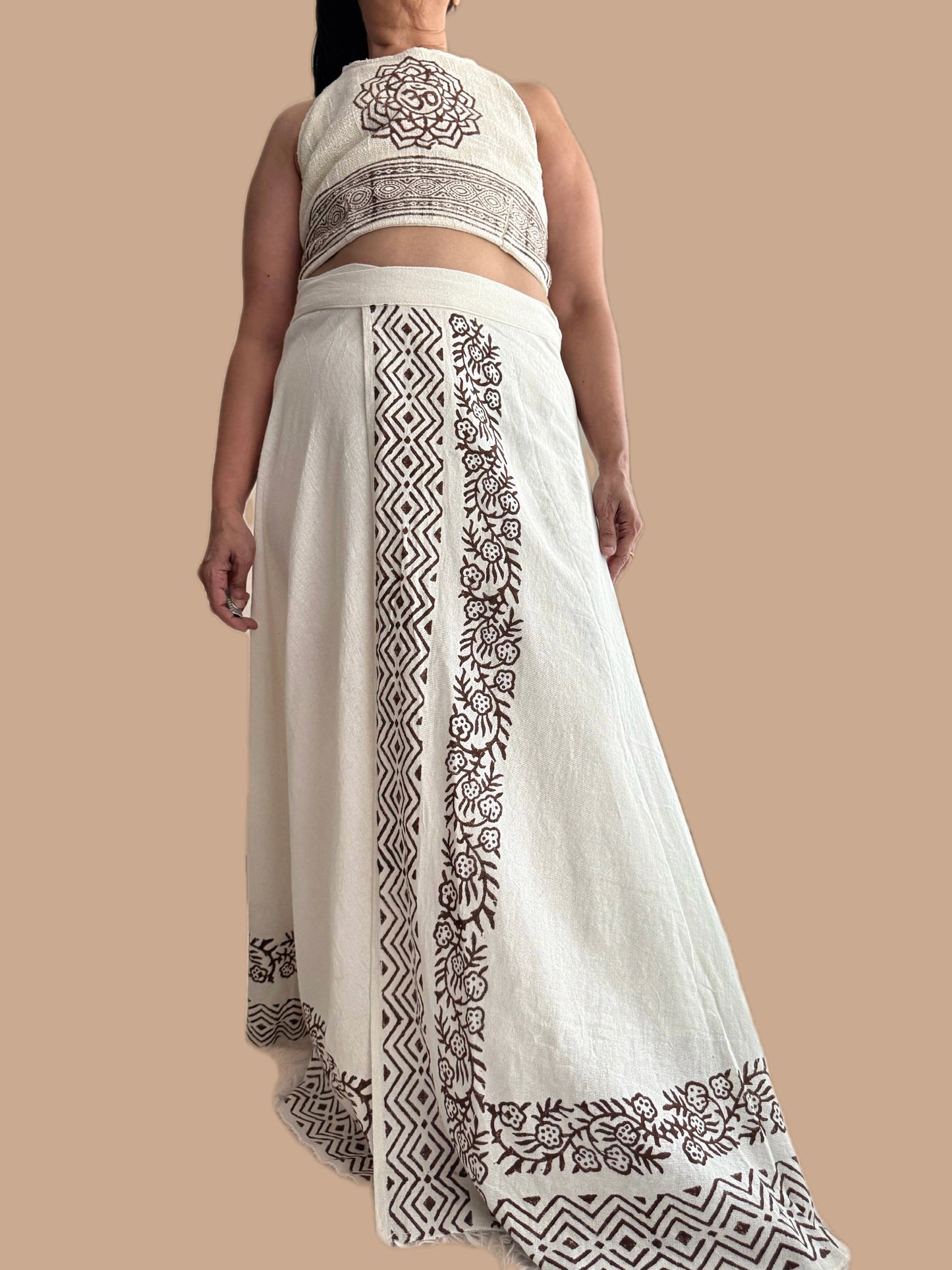 Ananta Hand-Block Wrap Skirt in Warm Ivory (Cotton Flax)
