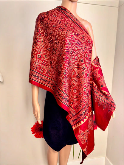 Ethnic Charm: Boho Ajrakh Mashru Silk Scarf (Red multi dye - 7 designs)