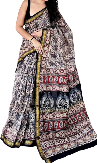 Hand Block Maheshwari cotton-Silk Saree – Earthy Madder & Indigo