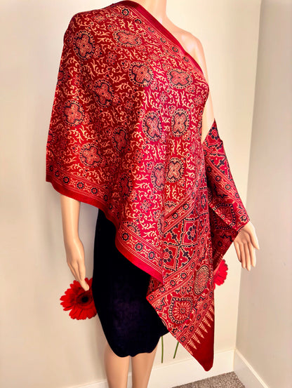 Ethnic Charm: Boho Ajrakh Mashru Silk Scarf (Red multi dye - 7 designs)