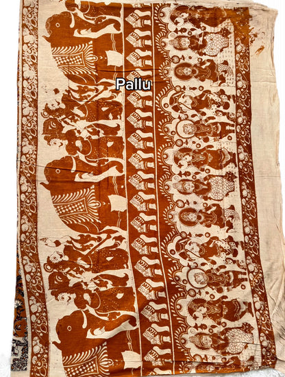 Kalamkari (screenprint) mulmul saree (Florals & vines)