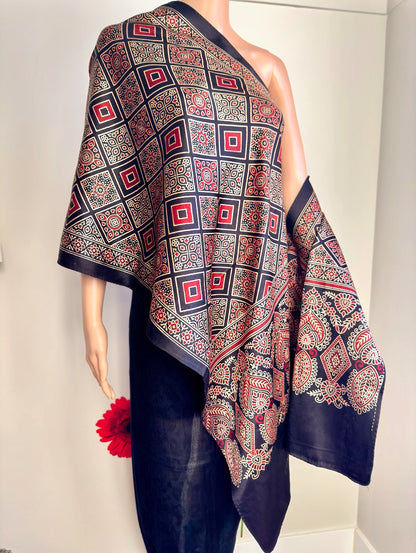 Ethnic Charm: Boho Ajrakh Mashru Silk Stole (Black multi dye - 5 designs)