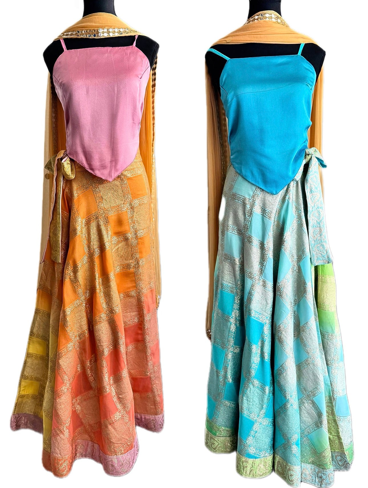 Ananta Madras Check inspired Wrap Saree Lehenga Skirt, Choli top & Dupatta Sets