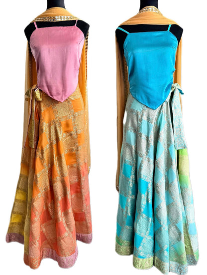 Ananta Madras Check inspired Wrap Saree Lehenga Skirt, Choli top & Dupatta Sets