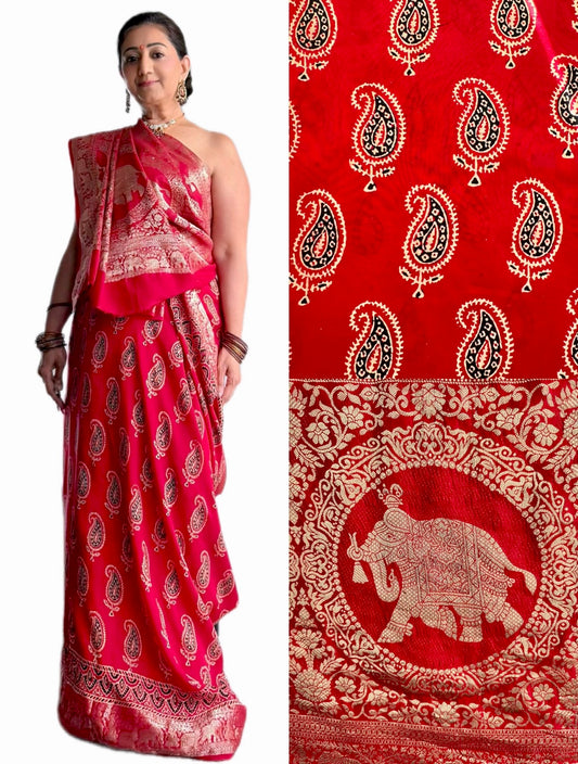 Ajrakh Saree with Zari Pallu - adorned with kairi and haathi motifs