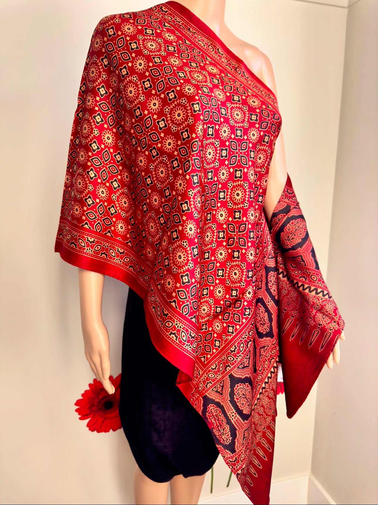 Ethnic Charm: Boho Ajrakh Mashru Silk Scarf (Red multi dye - 7 designs)