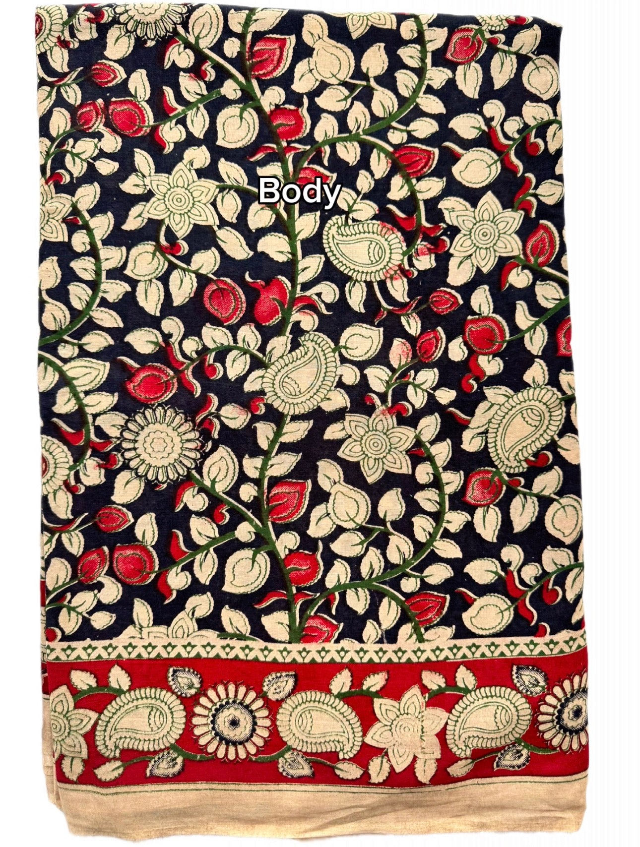 Kalamkari (screenprint) mulmul saree (Florals & vines)