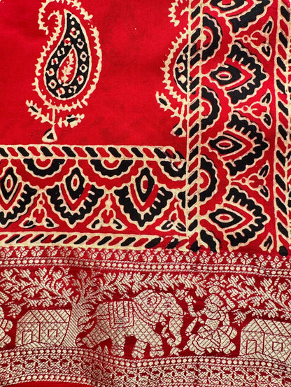 Ajrakh Saree with Zari Pallu - adorned with kairi and haathi motifs