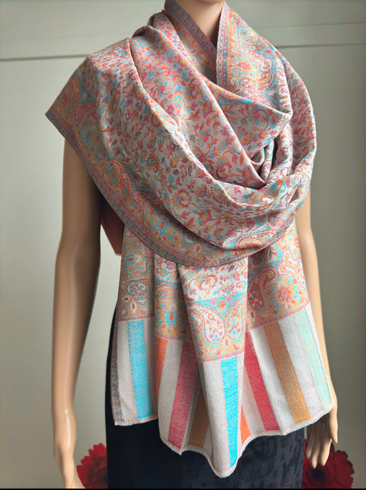 Pashmina Kani Reversible Stole - White Hues: Timeless Grace