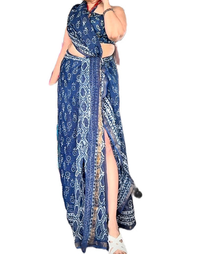 Kota Doria Saree – Hand Block Printed Bagru Natural Dye Cotton Silk Saree