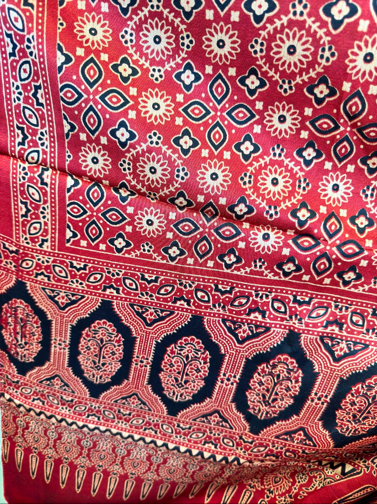 Ethnic Charm: Boho Ajrakh Mashru Silk Scarf (Red multi dye - 7 designs)