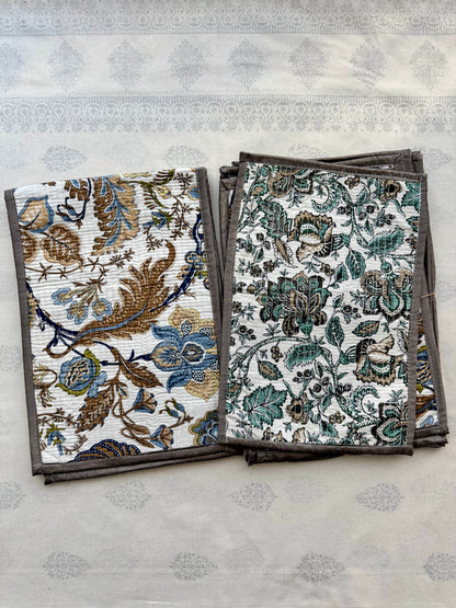 Sanganeri Hand-Block Print Quilted Reversible Table Runner Set (1 Runner + 6 Placemats)
: Mustard Cream / Teal Cream / Brown Border