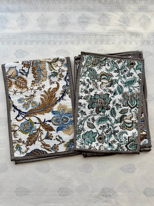 Sanganeri Hand-Block Print Quilted Reversible Table Runner Set (1 Runner + 6 Placemats)
: Mustard Cream / Teal Cream / Brown Border