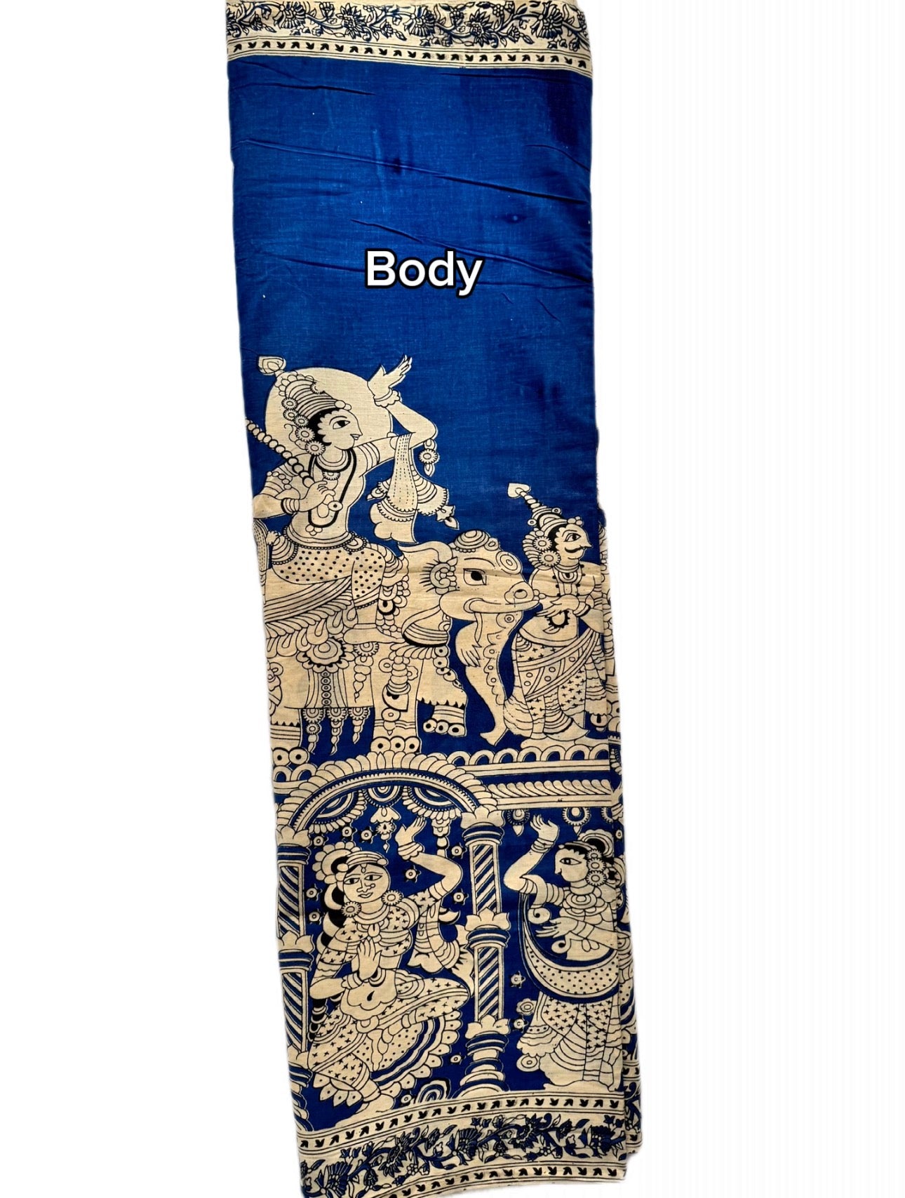 Kalamkari (screenprint) mulmul saree (Deities and Epics)