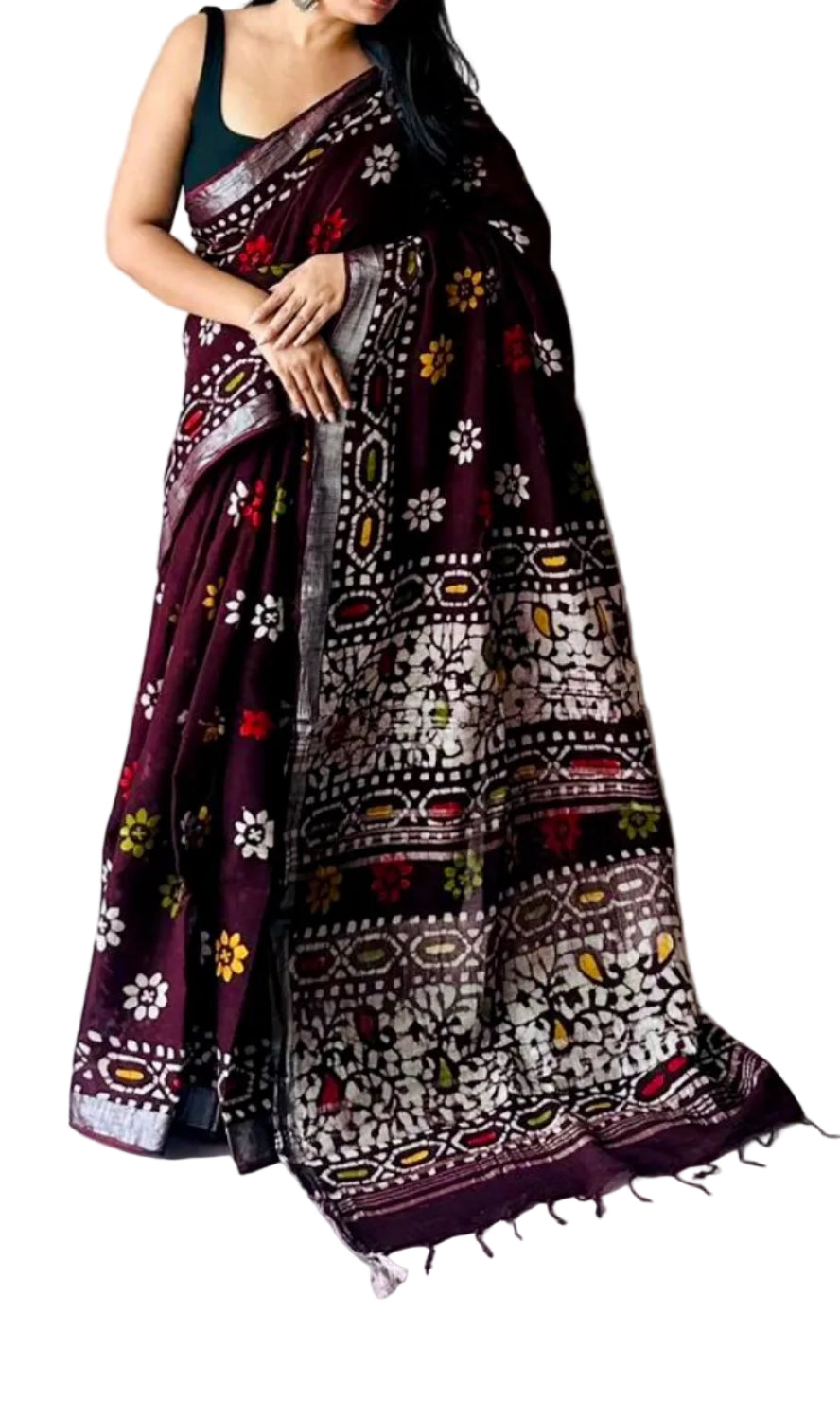 Handloom Linen-Cotton Blend Saree with Silver Zari Border-Handblocked
