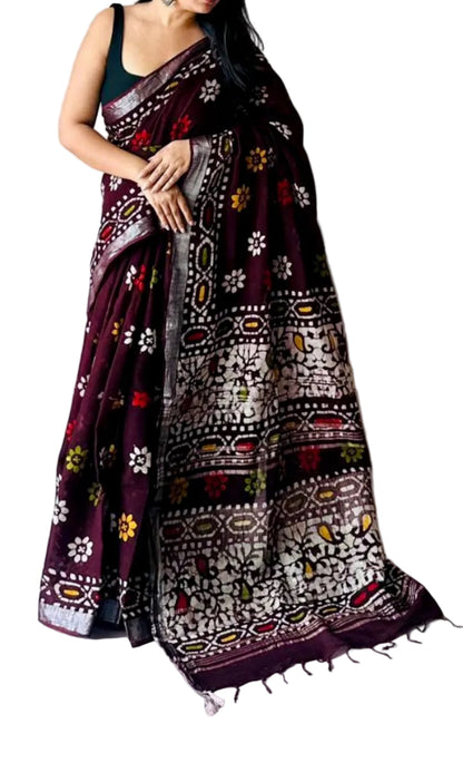 Handloom Linen-Cotton Blend Saree with Silver Zari Border-Handblocked