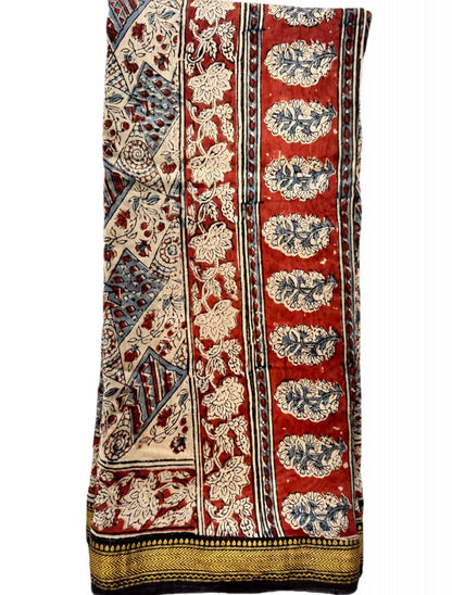 Hand Block Maheshwari cotton-Silk Saree – Earthy Madder & Indigo