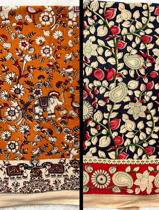 Kalamkari (screenprint) mulmul saree (Florals & vines)