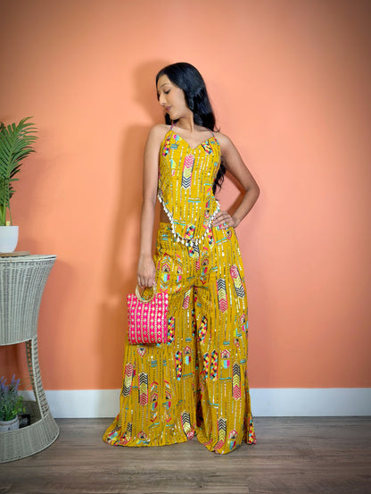 Ravishing Mustard Coordinated backless palazzo set - Femantraa