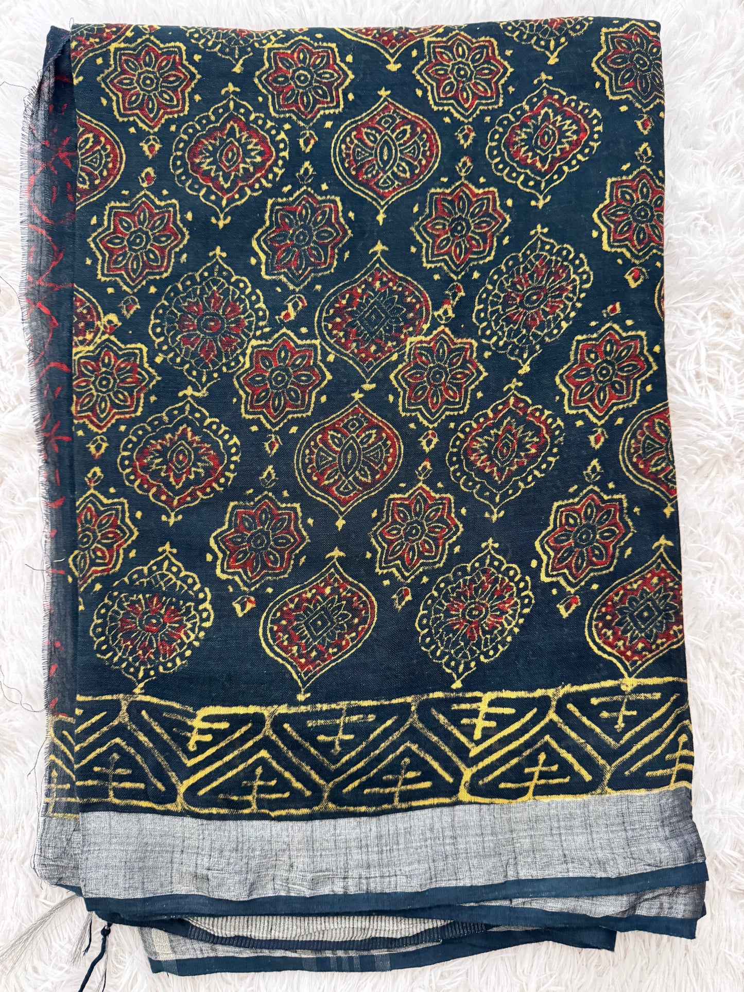Handloom Linen-Cotton Blend Saree with Silver Zari Border-Handblocked