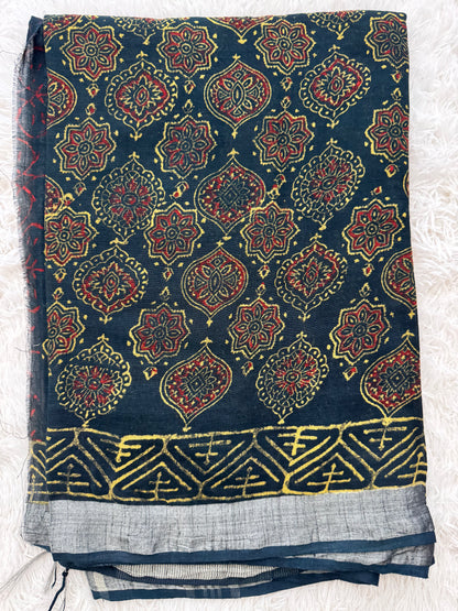 Handloom Linen-Cotton Blend Saree with Silver Zari Border-Handblocked