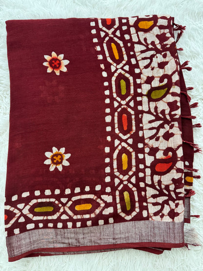 Handloom Linen-Cotton Blend Saree with Silver Zari Border-Handblocked