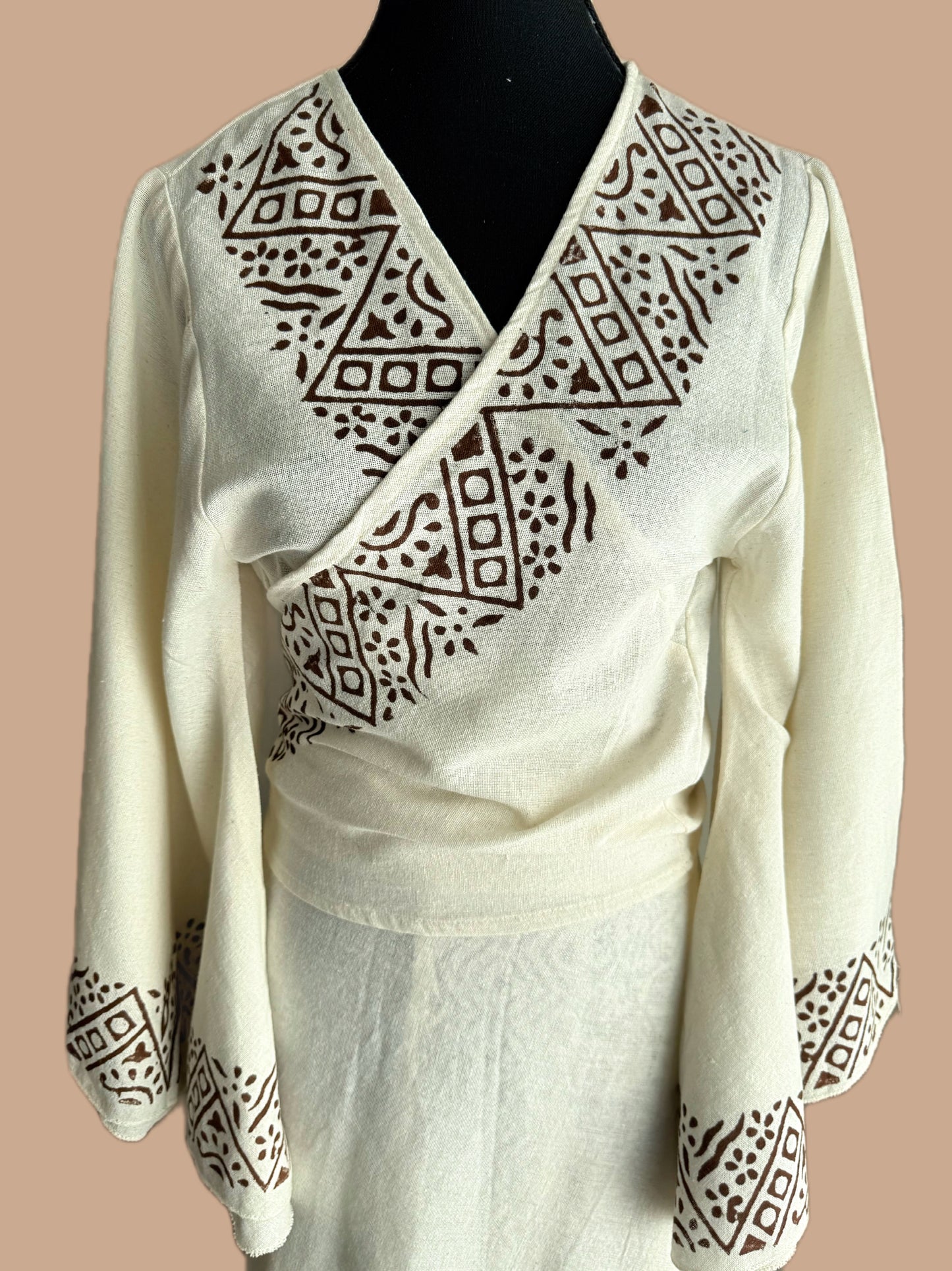 Tarangini Hand-Block Wrap Top with Umbrella Sleeves in Warm Ivory (Cotton Flax)