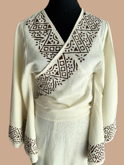 Tarangini Hand-Block Wrap Top with Umbrella Sleeves in Warm Ivory (Cotton Flax)