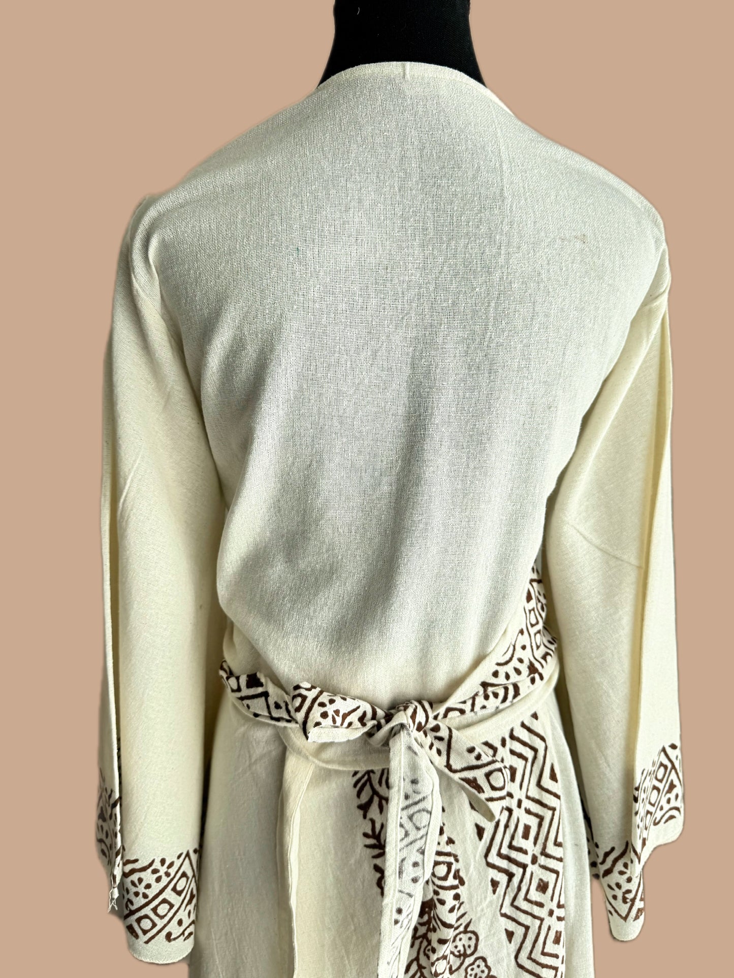Tarangini Hand-Block Wrap Top with Umbrella Sleeves in Warm Ivory (Cotton Flax)
