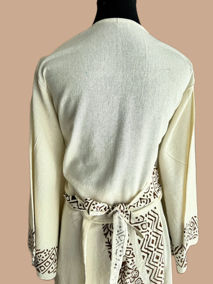 Tarangini Hand-Block Wrap Top with Umbrella Sleeves in Warm Ivory (Cotton Flax)
