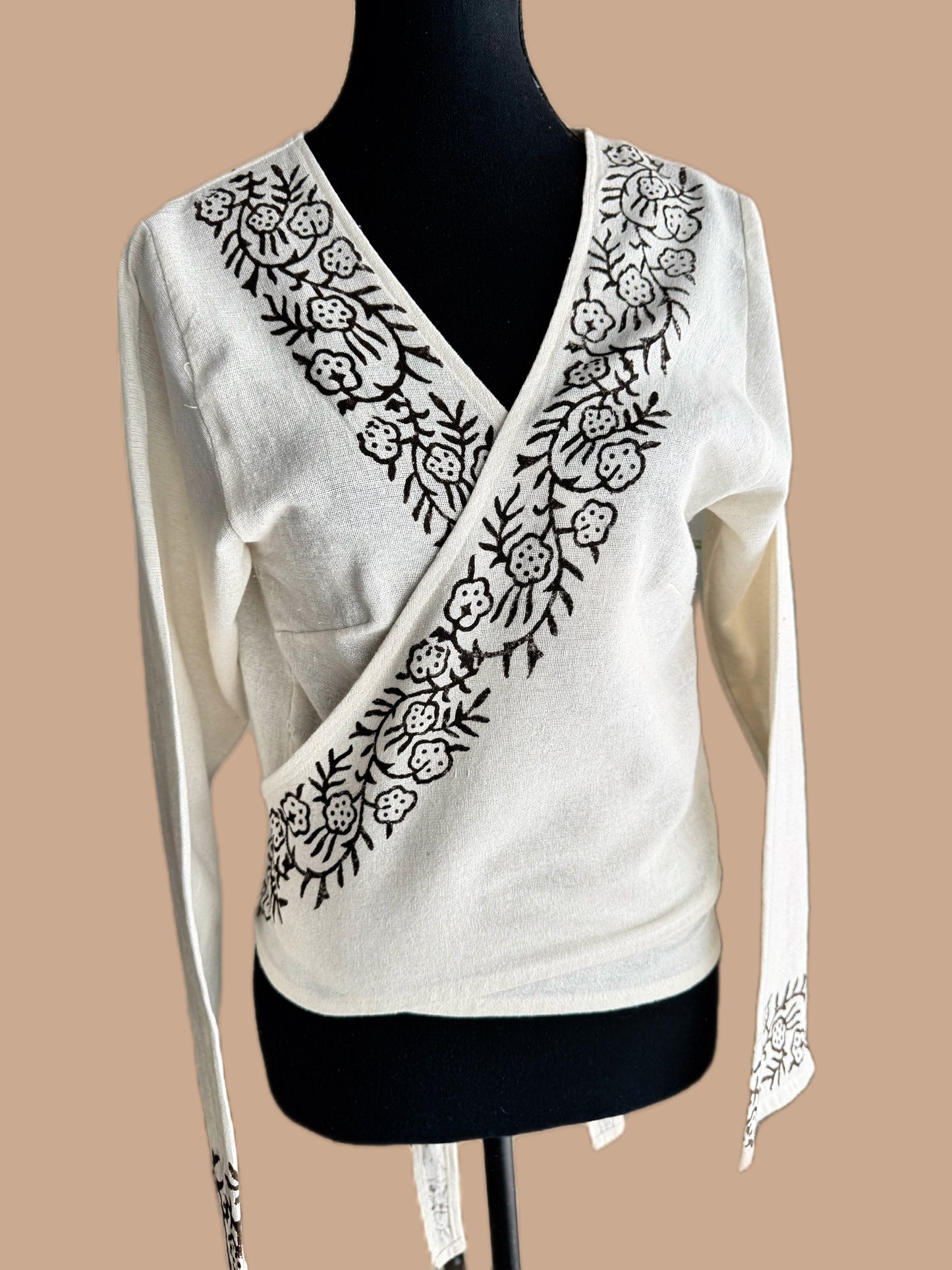 Tarangini Hand-Block Wrap Top with Umbrella Sleeves in Warm Ivory (Cotton Flax)