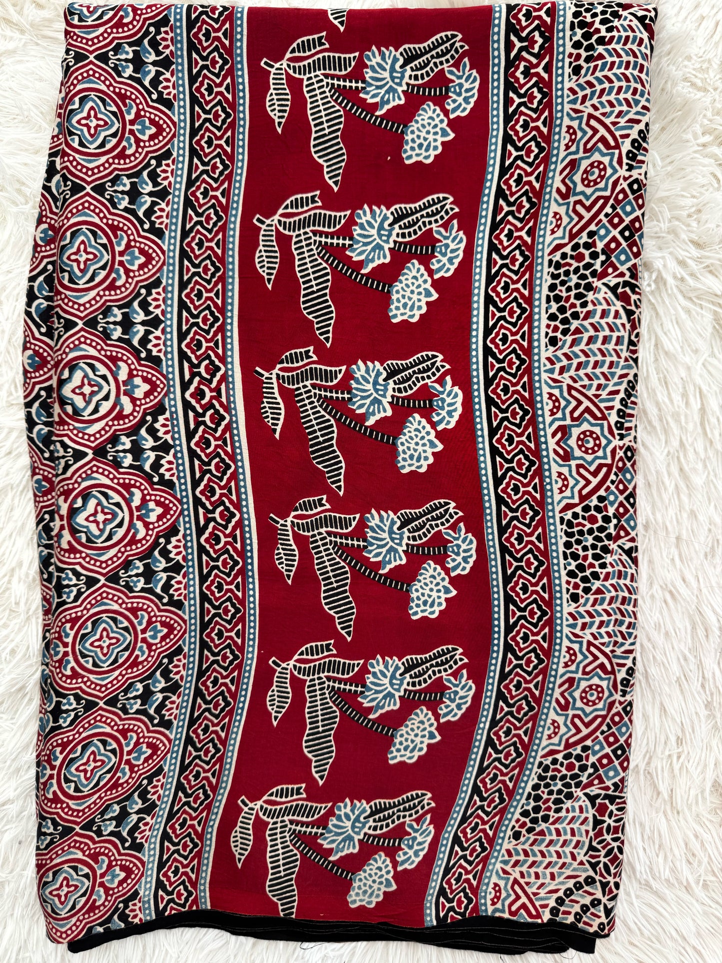 The Midnight & Madder Ajrakh Pallu Saree in Pure Modal