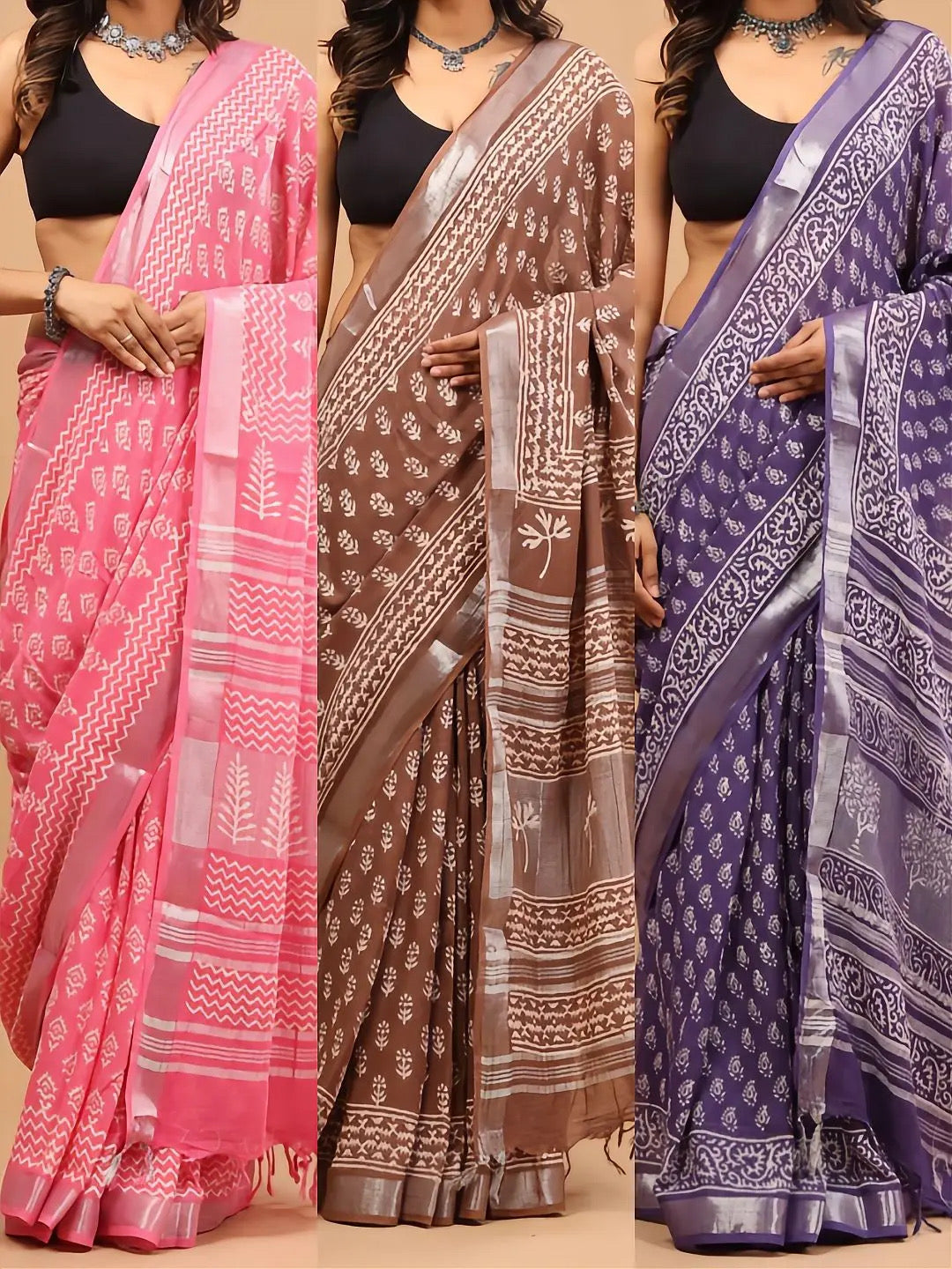 Bagru Handblocked 100% Cotton Slub Saree with Natural Dyes