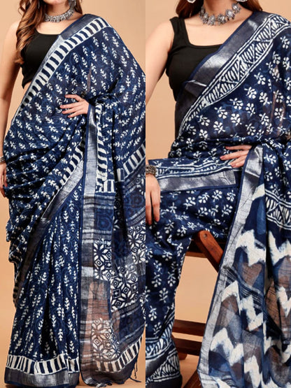 Bagru Handblocked Cotton Slub Indigo Saree with Natural Dyes