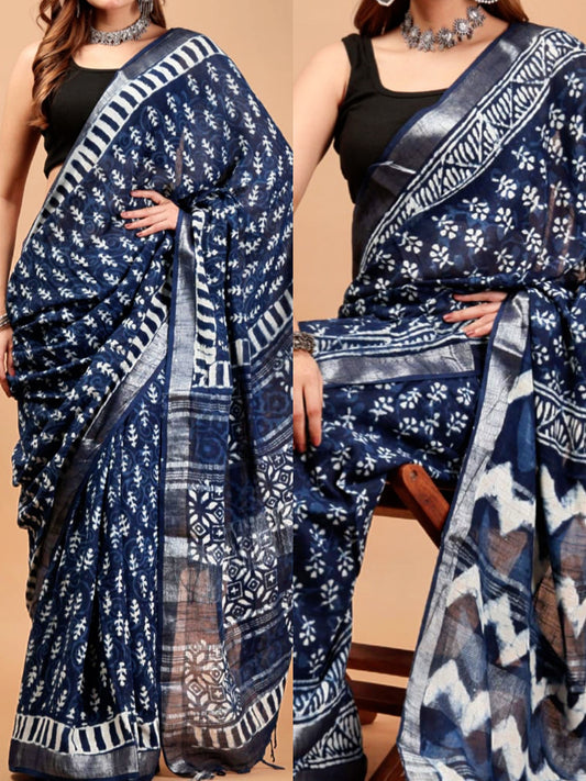 Bagru Handblocked Cotton Slub Indigo Saree with Natural Dyes