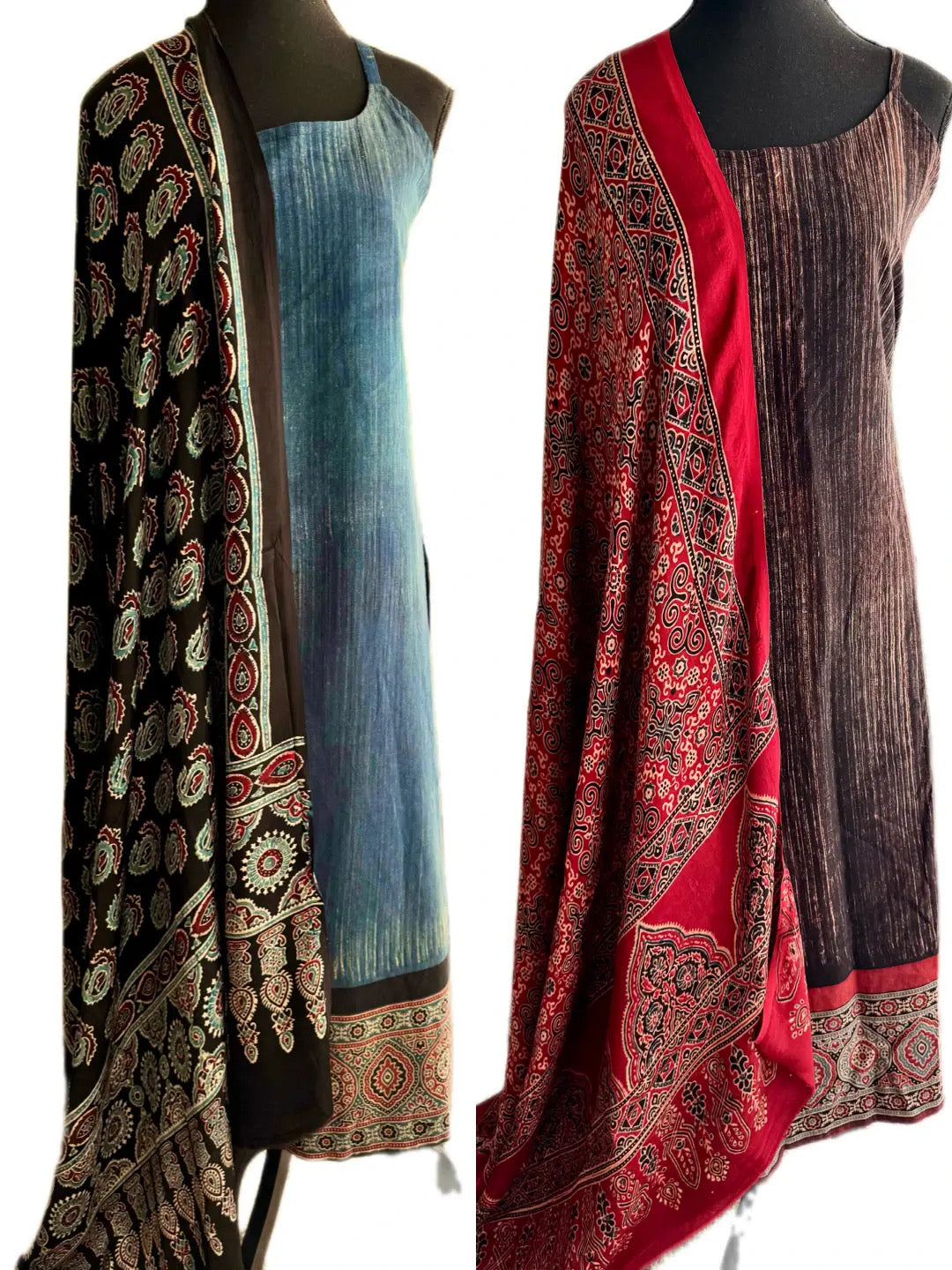 Hand-Brushed Cotton Ajrakh Daman Long Kurti & Pae-Jamah with Pure Modal Dupatta