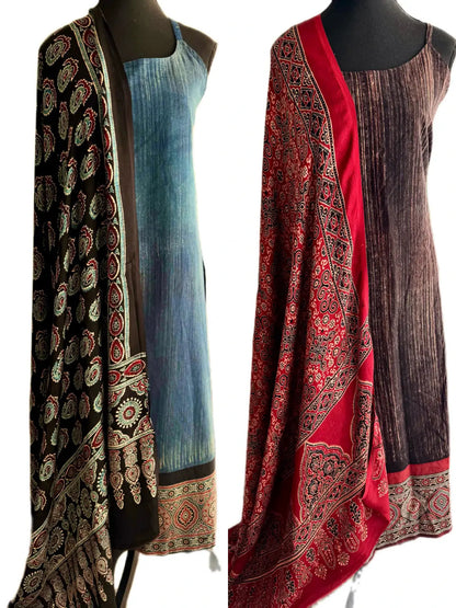 Hand-Brushed Cotton Ajrakh Daman Long Kurti & Pae-Jamah with Pure Modal Dupatta