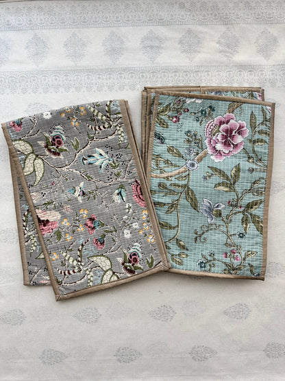 Sanganeri Hand-Block Print Quilted Reversible Table Runner Set (1 Runner + 6 Placemats)
: Grey / Blue / Gold border